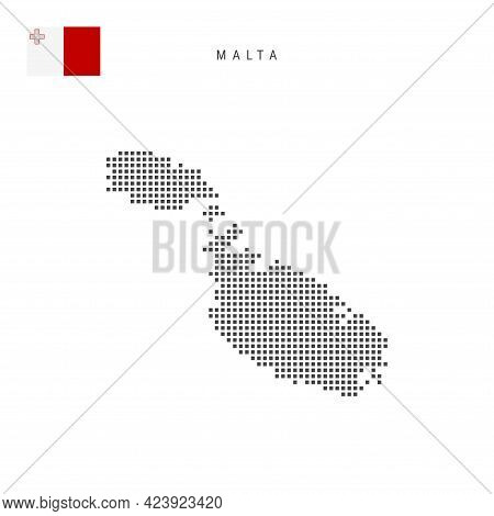 Square Dots Pattern Map Of Malta. Maltese Dotted Pixel Map With National Flag Isolated On White Back