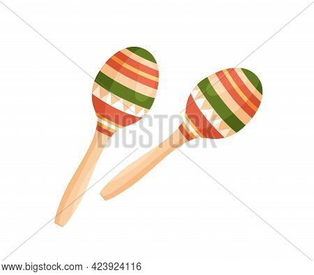 Traditional Latin Maracas. Folk Mexican Rattle Music Instrument With Bright Striped Balls And Wooden