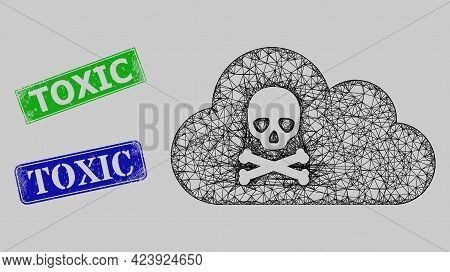 Wireframe Net Mesh Toxic Gas Model, And Toxic Blue And Green Rectangle Corroded Stamps. Frame Net Me