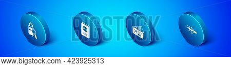 Set Isometric Lost Baggage, Airline Ticket, Plane And Passport Icon. Vector