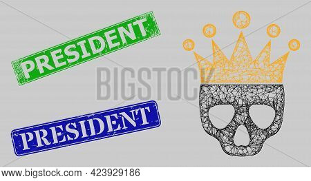 Wireframe Net Mesh Dead King Model, And President Blue And Green Rectangular Grunge Watermarks. Fram