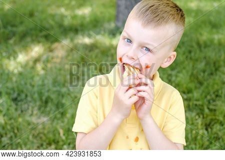 A Boy Bites A French Hot-dog And Stains His Clothes With A Ketchup Stain. In The Park. The Concept O