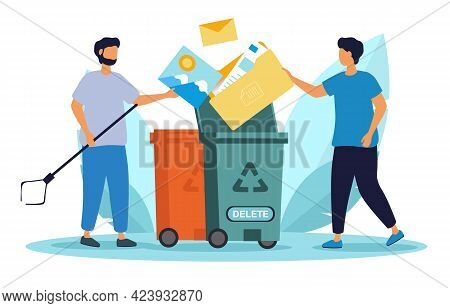 People Throw Away Garbage To Recycle Trash Can. Cleaning Digital Memory. Move Unnecessary Files From