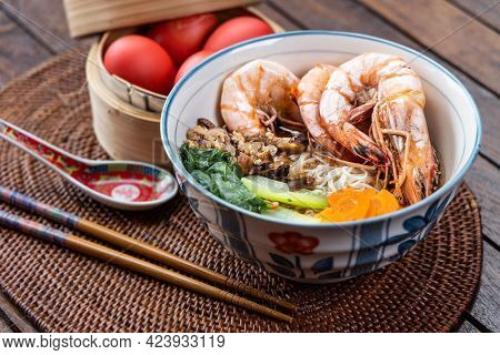 Serving Of Birthday Noodles With Red Eggs, A Tradition Among Chinese During Birthday Celebrations