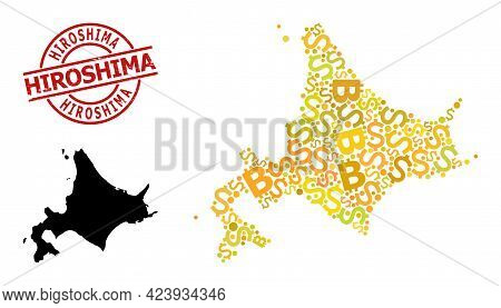 Rubber Hiroshima Seal, And Finance Mosaic Map Of Hokkaido Island. Red Round Stamp Seal Contains Hiro