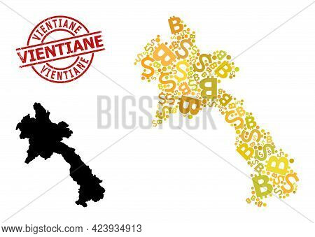 Distress Vientiane Stamp Seal, And Bank Mosaic Map Of Laos. Red Round Stamp Seal Contains Vientiane 