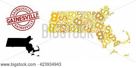 Rubber Gainesville Stamp Seal, And Currency Collage Map Of Massachusetts State. Red Round Stamp Seal