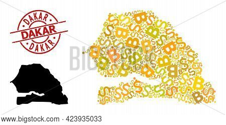 Scratched Dakar Stamp, And Banking Mosaic Map Of Senegal. Red Round Stamp Seal Contains Dakar Title 