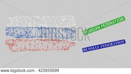 Triangular Russia Flag Image, And Russian Federation Blue And Green Rectangle Textured Stamp Seals. 