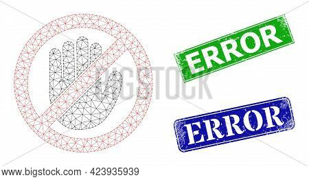 Triangular No Hand Model, And Error Blue And Green Rectangle Scratched Stamps. Polygonal Wireframe S