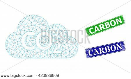 Network Carbon Dioxide Cloud Image, And Carbon Blue And Green Rectangle Textured Stamp Seals. Mesh C