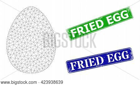 Polygonal Egg Image, And Fried Egg Blue And Green Rectangular Unclean Watermarks. Polygonal Wirefram