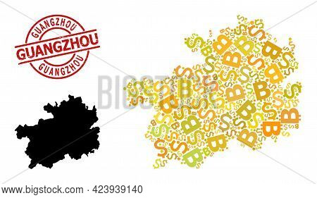 Distress Guangzhou Badge, And Currency Collage Map Of Guizhou Province. Red Round Badge Has Guangzho