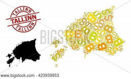 Rubber Tallinn Seal, And Money Mosaic Map Of Estonia. Red Round Seal Includes Tallinn Caption Inside