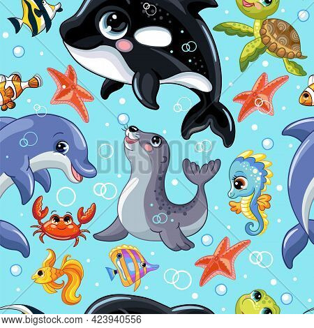 Seamless Vector Pattern With Cute Cartoon Water Animals Orca, Seahorse, Seal, Dolphin, Turtle. Color