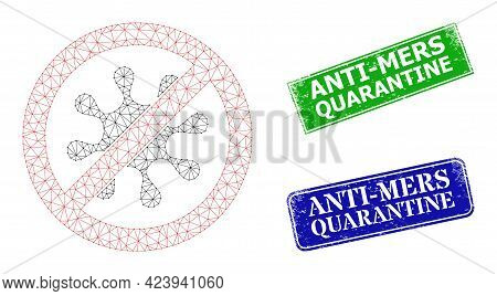Net Stop Virus Image, And Anti-mers Quarantine Blue And Green Rectangle Scratched Seal Imitations. M