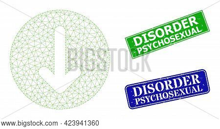 Polygonal Down Direction Image, And Disorder Psychosexual Blue And Green Rectangular Grunge Stamp Se
