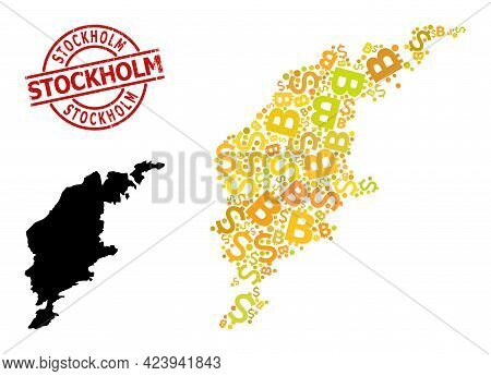 Rubber Stockholm Stamp Seal, And Finance Mosaic Map Of Gotland Island. Red Round Stamp Contains Stoc