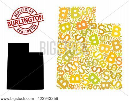 Rubber Burlington Seal, And Finance Mosaic Map Of Utah State. Red Round Stamp Seal Contains Burlingt