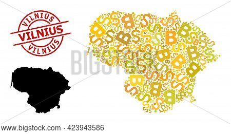 Grunge Vilnius Stamp Seal, And Finance Mosaic Map Of Lithuania. Red Round Stamp Seal Includes Vilniu