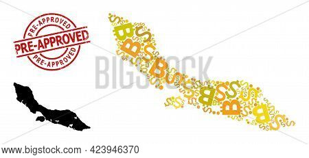 Rubber Pre-approved Stamp Seal, And Bank Mosaic Map Of Curacao Island. Red Round Seal Includes Pre-a