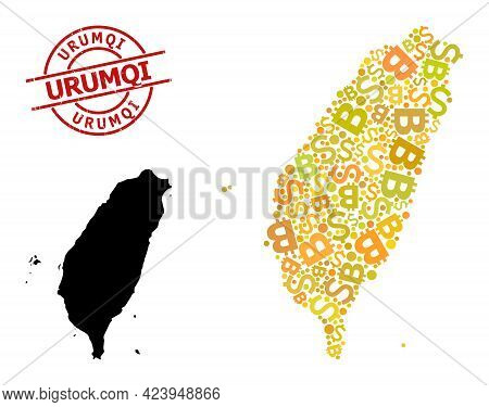 Scratched Urumqi Stamp, And Finance Mosaic Map Of Taiwan. Red Round Stamp Contains Urumqi Caption In