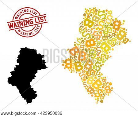 Grunge Waining List Stamp Seal, And Money Mosaic Map Of Silesia Province. Red Round Stamp Has Wainin