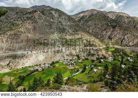 Lahaul valley with small mountain village in Himalayas. Himachal Pradesh, India