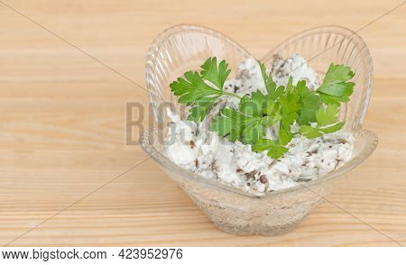 Tasty Eggplant Salad Mixed With Mayonnaise And Parsley -healthy Food Concept