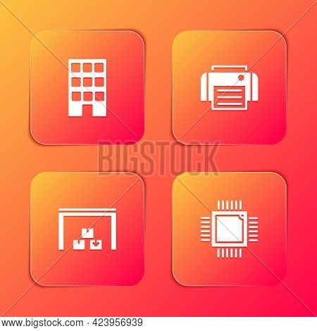 Set House, Printer, Warehouse And Processor With Microcircuits Cpu Icon. Vector