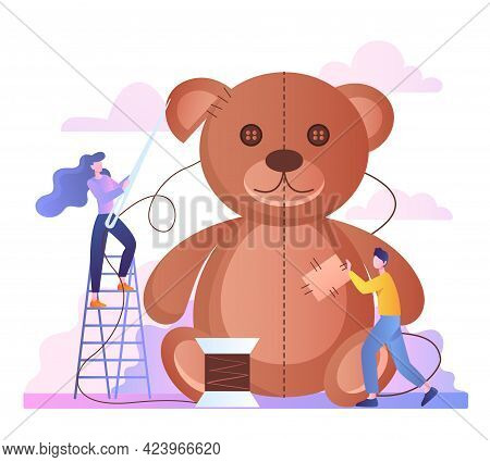 Tiny People Cut And Sew Huge Teddy Bear Toy. Hand Made Goods, Small Business Workshop. Flat Abstract