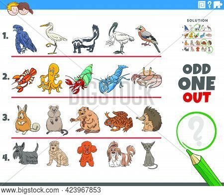 Cartoon Illustration Of Odd One Out Picture In A Row Educational Task For Elementary Age Or Preschoo