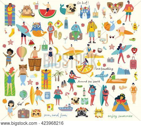 Set Of Different Vector Summer Travel People And Icons In The Flat Stye