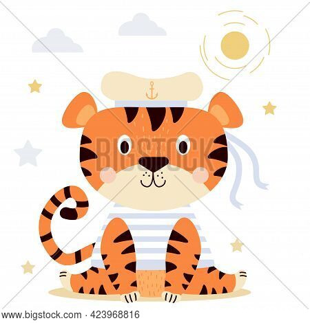A Cute Tiger Is Sitting Under The Sun. A Funny Character In Sea Clothes - A Striped Vest And A Hat W