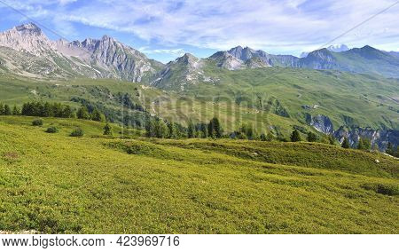 View On Alpine Mountain Range And Meadow In The Valley Of Tarentaise In France