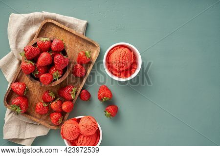 Strawberry Sorbet With Strawberries On Blue Background With Copy Space. Heap Of Strawberry With Ice 