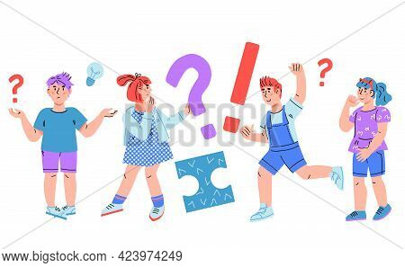Thinking, Doubting And Confused Children Have Questions, Cartoon Vector Isolated.