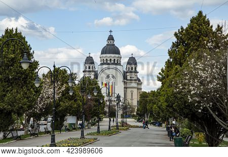 Targu Mures, Transylvania, Romania - April 23, 2021:  Avram Iancu Statue And Ascension Of The Lord, 