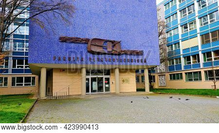 Prague, Czech Republic - April 13, 2021: Main Entrance Of Faculty Of Mechanical Engineering Of Czech