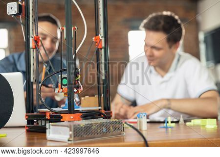 New Generation Of 3d Printing Machine Printing A Piece Of Plastic. For Use In Small Spaces, Office O