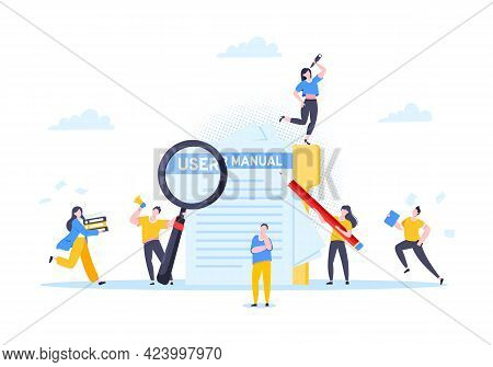 User Manual Guide Book Flat Style Design Vector Illustration. Tiny People And Guidance Manual Instru