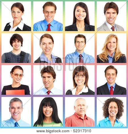 People faces collage. Man and woman portrait isolated.