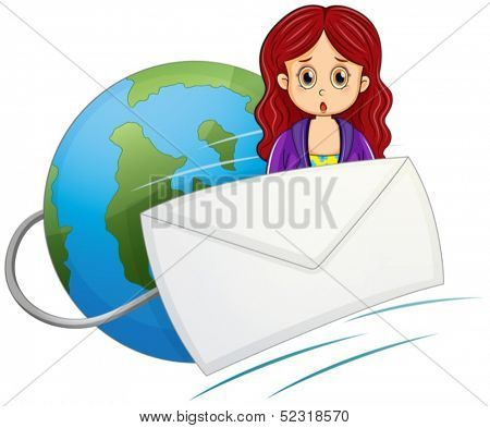 Illustration of a shocked woman in the middle of the envelope and the globe on a white background