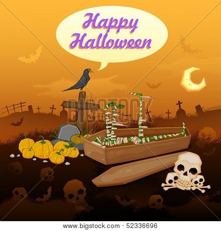 illustration of skelton coming out of coffin in Halloween night