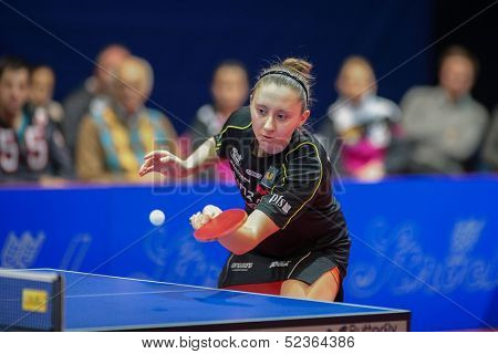 SCHWECHAT, AUSTRIA - FEBRUARY 8 Sofia Polcanova (Linz AG Froschberg) loses the first game in the ETTU semifinals on February 8, 2013 in Schwechat, Austria.
