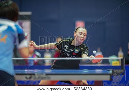 SCHWECHAT, AUSTRIA - FEBRUARY 8 Sofia Polcanova (Linz AG Froschberg) loses the first game in the ETTU semifinals on February 8, 2013 in Schwechat, Austria.