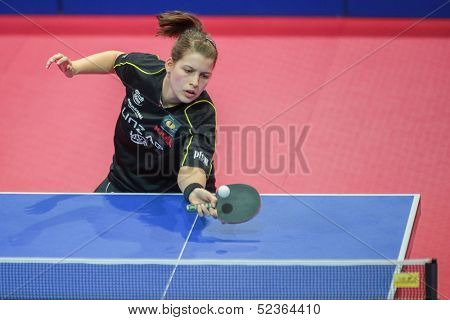 SCHWECHAT, AUSTRIA - FEBRUARY 8 Petrissa Solja (Linz AG Froschberg) wins the second game in the ETTU semifinals on February 8, 2013 in Schwechat, Austria.