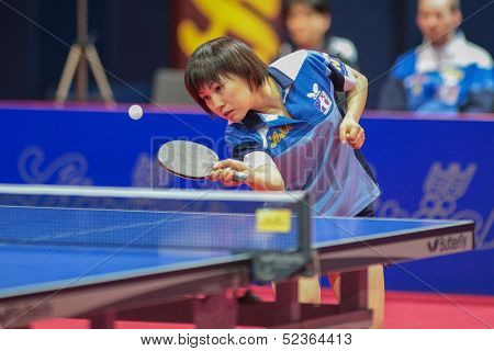 SCHWECHAT, AUSTRIA - FEBRUARY 8 Yuki Nonaka (SVS Stroeck) wins the first game against in the ETTU semifinals on February 8, 2013 in Schwechat, Austria.