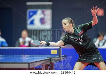 SCHWECHAT, AUSTRIA - FEBRUARY 8 Iveta Vacenovska (Linz AG Froschberg) wins the third game in the ETTU semifinals on February 8, 2013 in Schwechat, Austria.