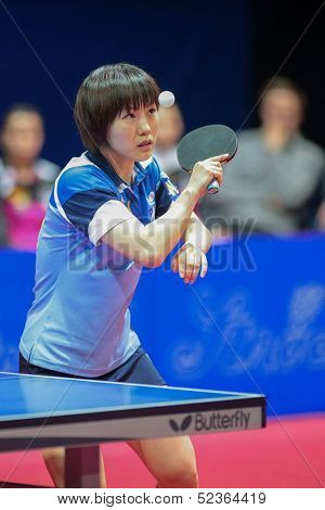 SCHWECHAT, AUSTRIA - FEBRUARY 8 Yuki Nonaka (SVS Stroeck) wins the first game against in the ETTU semifinals on February 8, 2013 in Schwechat, Austria.